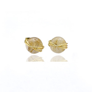 Golden Rutile Gemstone <b>Stud</b> Earrings | 8mm Wire Wrapped Golden Stone | Minimal Jewelry Gift - Product Image 4