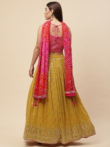 <b>Sequin</b> Embroidered Lehenga Set Pink <b>Crop</b> <b>Top</b> Pleated Maxi Skirt Wedding Festival Dress - Product Image 2