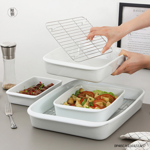 Juego de Platos para Hornear de Cerámica de Gres <span class=keywords><strong>Blanco</strong></span> Rectangular <span class=keywords><strong>Grande</strong></span> de 9, 10, 13 y 17 Pulgadas, Apilables, Aptos para Horno, con Rejilla de Acero Inoxidable - Product Image 3