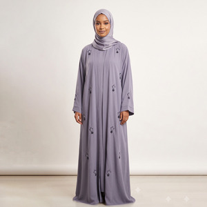 Abaya longue en satin pour femme, modeste, avec broderie, col montant, manches longues, couleur unie, pour toutes les saisons - Product Image 4