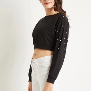 Trendy Women Long Sleeve Crop <b>Top</b> O-Neck Knitted <b>Rhinestone</b> Decoration Casual Solid Color Full Sleeve Regular Fit Custom Design - Product Image 2