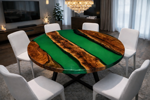Table basse de luxe ronde en résine époxy verte avec des dalles de bois à bords naturels, meubles modernes faits à la main, écologiques, pour Diwali - Product Image 3