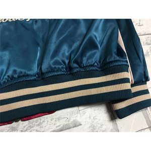 Men's <b>Red</b> Bomber <b>Jacket</b> With White Crane Embroidery Navy Sleeves Zipper Front Vintage Style Satin Lining - Product Image 2