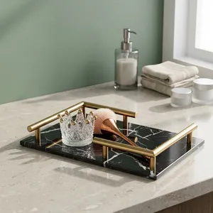 <b>Black</b> Marble Serving Tray with Gold Metal Handles Decorative <b>Vanity</b> Tray Coffee <b>Table</b> Ottoman Kitchen Counter Organizer - Product Image 5