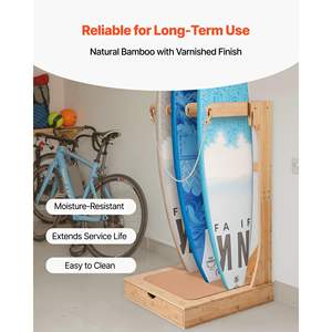 Support vertical pour planche de surf à 3 niveaux, support de planche autoportant en bois, crochets suspendus, rembourrage en liège pour le rangement des wakeboards, des kiteboards - Product Image 5