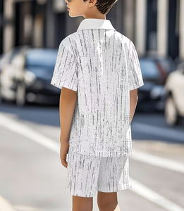 White Printed Short Sleeve Shirt Shorts Set for Boys Casual Wear Woven Fabric Patterned Design Polyester/Cotton Slight Stretch - Product Image 3