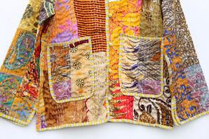 Coloré Patchwork Kantha matelassé soie coton veste réversible Boho femmes robe avec petits boutons longue veste 2 voies pour l'automne - Product Image 4
