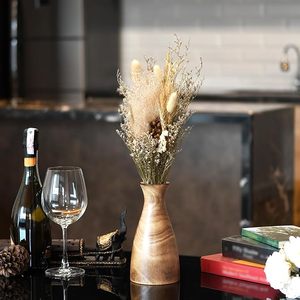 Natural Brown Stain Wooden Handmade Modern Flower Vase Bottle Shaped Slim Decorative Desktop Centerpiece - Product Image 1