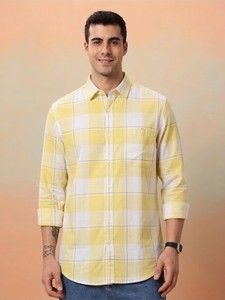 Camisa Casual de Algodón a Cuadros Amarillos para Hombre, Manga Larga, Cuello Camisero, Transpirable, Estilo Primavera - Product Image 1