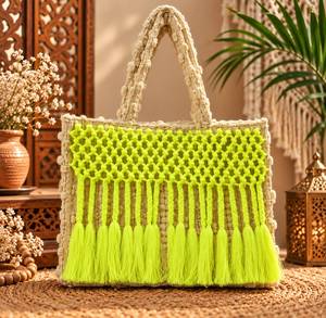 Handmade Knotted Tote <b>Bag</b> with Brown <b>Fringe</b> Tassels, Bohemian Woven Cotton Handbag for Women, Casual Beach Shopper <b>Bag</b> - Product Image 6
