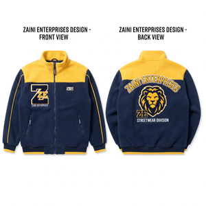 เสื้อแจ็คเก็ตขนแกะโพลาร์พรีเมียม 300 GSM สีกรมท่า-เหลือง แต่งแถบสีตัดกัน ซิปเต็มตัว คอตั้ง ปักโลโก้แบบแอพพลิเคตามสั่ง - Product Image 1
