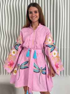 Minivestido bohemio de algodón para mujer, vestido informal étnico con bordado de mariposas rosas, estampado floral, lazo en la cintura y borlas - Product Image 4