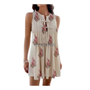 Vestido Corto de Algodón Estampado, Vestido de Verano sin Mangas, Colección de Algodón Indio, Hermoso Vestido Túnica de Algodón Estampado a Mano - Product Image 2