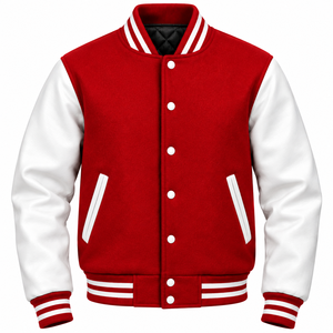 Blouson universitaire décontracté pour homme en laine chaude avec manches en cuir, boutons recouverts, doublure matelassée, coupe-vent, brodé, tissé, respirant pour l'automne - Product Image 1