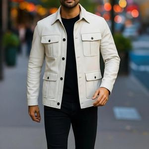 Veste en cuir véritable noire pour homme, respirante, col montant, simple boutonnage, coupe classique, poches, pour l'hiver - Product Image 3