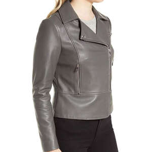 Chaqueta de cuero corta para mujer, color gris sólido, 100% de alta calidad, estilo motero, de piel de oveja, para invierno, gran venta 2026 - Product Image 4