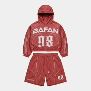 Women Windbreaker Short Set 110 GSM Polyester Taslon Fabric <b>Green</b> Navy Panel Design Heat Transfer Custom Logo - Product Image 5