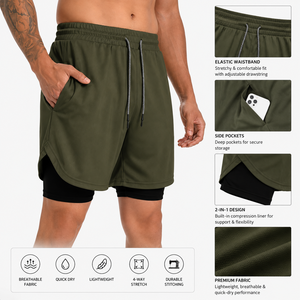 Shorts de sport 2-en-1 de haute qualité pour hommes, tricotés, à séchage rapide, respirants, écologiques, unis et personnalisables - Product Image 2
