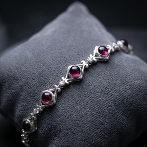 Vintage 925 Sterling Silver Garnet <b>Bracelet</b> | Round <b>Red</b> Gemstones, Elegant Classic Jewelry Women's Everyday Wear Jewelry - Product Image 2