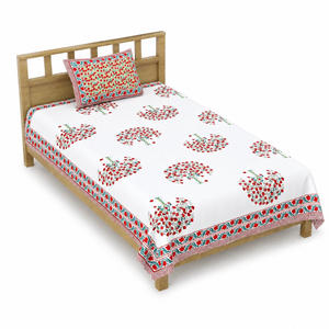 Drap de lit simple en coton Heritage, imprimé floral rouge à motifs d'arbres, fait main, avec housse de coussin pour la maison et l'hôtellerie - Product Image 3