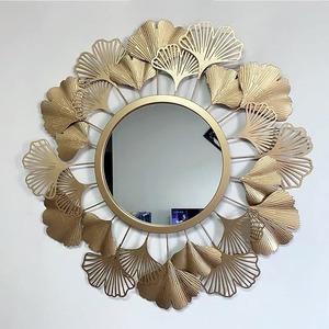 Miroir mural rond en métal avec motif feuille de Ginkgo, design glamour, sans cadre, bord ajustable, moderne et décoratif - Product Image 1