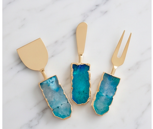 Ensemble de 3 couteaux à fromage en acier inoxydable doré avec manche en pierre marbrée bleue, spatule de service, fourchette et spatules à tartiner pour la cuisine - Product Image 1