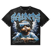 T-shirt Col Rond Imprimé Animal Personnalisé Effet Délavé Manches Courtes Coupe Oversize Doux 100% Coton Tricoté Écologique Respirant Style Vintage