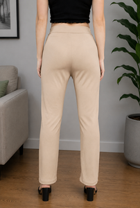 High <b>Waist</b> Straight Leg Pants Women Beige Knitted <b>Elastic</b> <b>Waist</b> Casual Ankle-Length Autumn Solid Color Regular Fit <b>Trouser</b> - Product Image 2