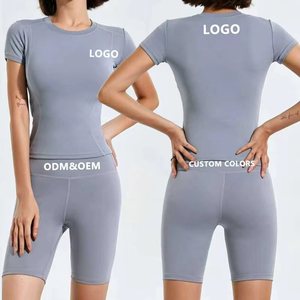 <b>Women</b> Solid Color 2-Piece Yoga Set High-Waisted Seamless <b>Short</b> Sleeve Crew Neck Tight Fit ODM OEM Custom Colors - Product Image 1