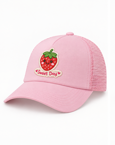 Casquette Trucker 5 Panneaux Rose Pastel en Gros avec Logo Personnalisé Mignon, Écusson Tissé, Dos en Maille Respirante et Fermeture Snapback Ajustable - Product Image 2