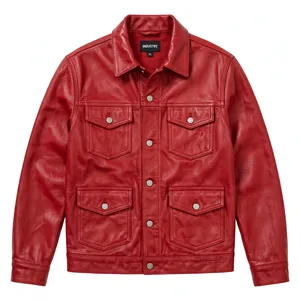 Veste de camionneur en similicuir rouge pour homme, 4 poches, boutonnée, style vintage, vêtements de travail, mode, vêtements d'extérieur d'hiver, veste avec logo personnalisé - Product Image 1