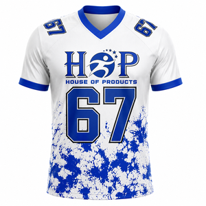 Men's V-Neck Football Jersey Sublimated Print Moisture Wicking 67 White Blue Regular Fit American football <b>fan</b> Jersey - Product Image 1