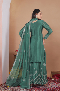 Ladies Fine Crepe Dual <b>Sequin</b> Work <b>Top</b> Plazo Matching Dupatta Set Stitched Indian Ethnic Wear Three Piece <b>Party</b> Suit - Product Image 5