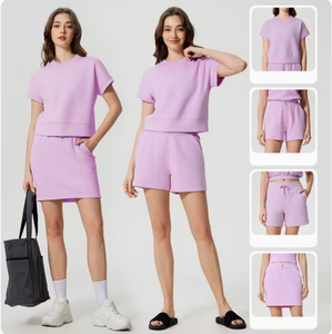 Ensemble deux pièces décontracté pour femme, violet, en tricot de coton et élasthanne, col rond, manches courtes, coupe ample, tenue printemps-été - Product Image 3