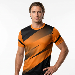 Camiseta Deportiva de Manga Corta con Cuello Redondo para Hombre, Estilo Urbano, con Estampado Sublimado a Rayas Negras y Naranjas, de Secado Rápido, Tejida, 100% Algodón - Product Image 3