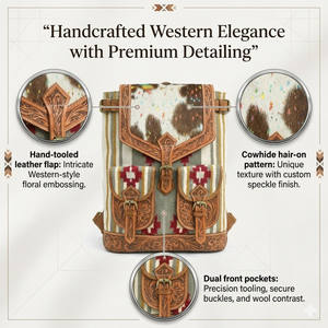 Mochila Sierra Loomed de lana y cuero genuino |   Bolso de Viaje Estilo Western de Cuero con Pelo, Hecho a Mano |   Mochila Resistente de Diseño - Product Image 1