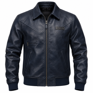 Blouson aviateur Darkry personnalisé pour homme en cuir véritable bleu marine, avec ourlet côtelé et col rabattable, manteau d'hiver style motard, vente en gros - Product Image 1