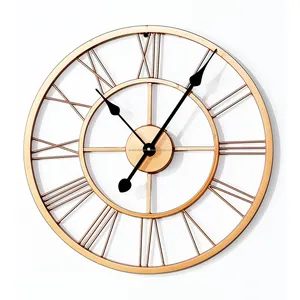 חוט מתכת שעון קיר אנלוגי עיצוב מפואר לקישוט הבית והסלון מספרים רומיים ציפוי זהב גימור באיכות גבוהה