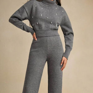 Conjunto Deportivo de Punto Gris para Mujer, Suéter de Cuello Alto y Pantalones Anchos, Estilo Casual de Invierno, Fabricante OEM de Marca Privada - Product Image 3