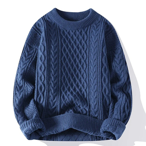 Plus Size Men's Crew Neck Cable Knit Pullover Sweater Thin Solid Color Long Sleeve Casual New Arrival Winter 100% Cotton - Product Image 4