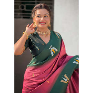 Sari traditionnel indien du sud en soie douce, tissé Zari, rose corail, avec contraste Tilak, vêtements pakistanais de la marque Elite Weaves - Product Image 3