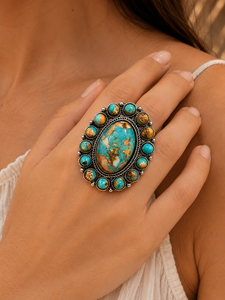 Western Cluster Statement <b>Ring</b> Style Cowgirl <b>Ring</b> Silver <b>Adjustable</b> Band Jewelry for Women - Product Image 1
