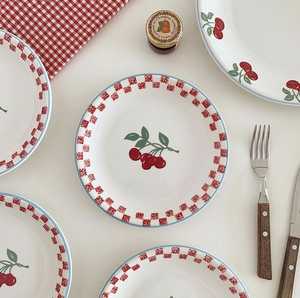 Round <b>Ceramic</b> <b>Plate</b> With Strawberry Pattern Handpainted Flat Dish Cute Design Green Checkered Background - Product Image 5
