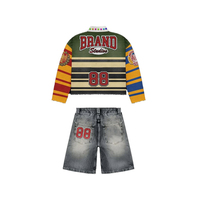 Ensemble court en flanelle à carreaux 100 % coton lavé, personnalisé avec strass thermocollés, coupe décontractée, style streetwear tendance