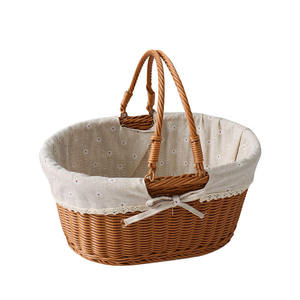Rattan Picnic <b>Basket</b> Double Lids Butterfly Opening <b>Rectangular</b> Handwoven Wicker <b>Storage</b> Hamper Removable Daisy Floral Fabric - Product Image 2