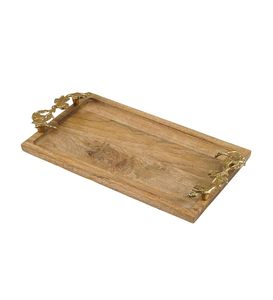 Bandeja de servir rectangular de madera de 42 cm de largo, 22 cm de ancho y 4 cm de alto, con asas decorativas de hoja y metal dorado. - Product Image 1