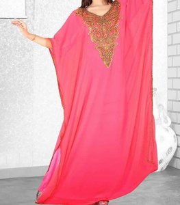 <b>Pink</b> Long Sleeve Ankle Length High Neck Casual Women's Muslim <b>Abaya</b> Dress Party Middle East Style Polyester Plus Size Embroidery - Product Image 3