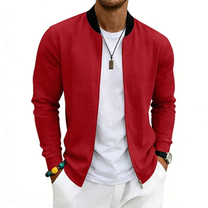 Blouson Bomber Bleu Homme Couleur Unie Fermeture Boutons Cachés Style Décontracté Col Montant Coupe Ajustée Hiver Broderie Avant - Product Image 4