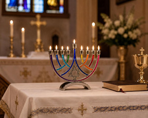 Metal Hanukkah Menorah 9 Branch Candlestick Holder Polished Finish Multicolored Tabletop Hanukkah <b>Decor</b> - Product Image 4