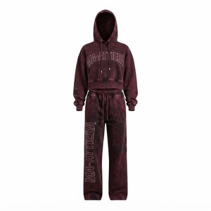 Custom Women Acid Wash <b>Burgundy</b> Cropped Hoodie Wide Leg Jogger Set Cotton Fleece Streetwear Tracksuit OEM Wholesale - Product Image 4